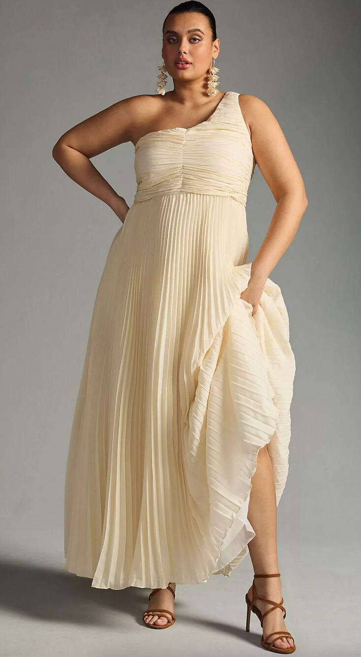 NWT Anthropologie Let Me Be One-Shoulder Pleated Maxi Dress Cream White Medium